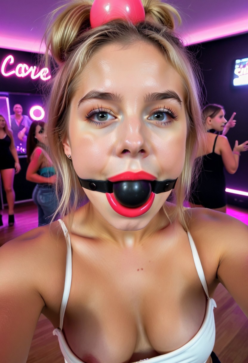 22yo blonde college girls. selfie image, rave, neon, nip slip (large wide pink ball gag in the mouth))  (large wide black ball gag in the mouth)) vivid red lipstick