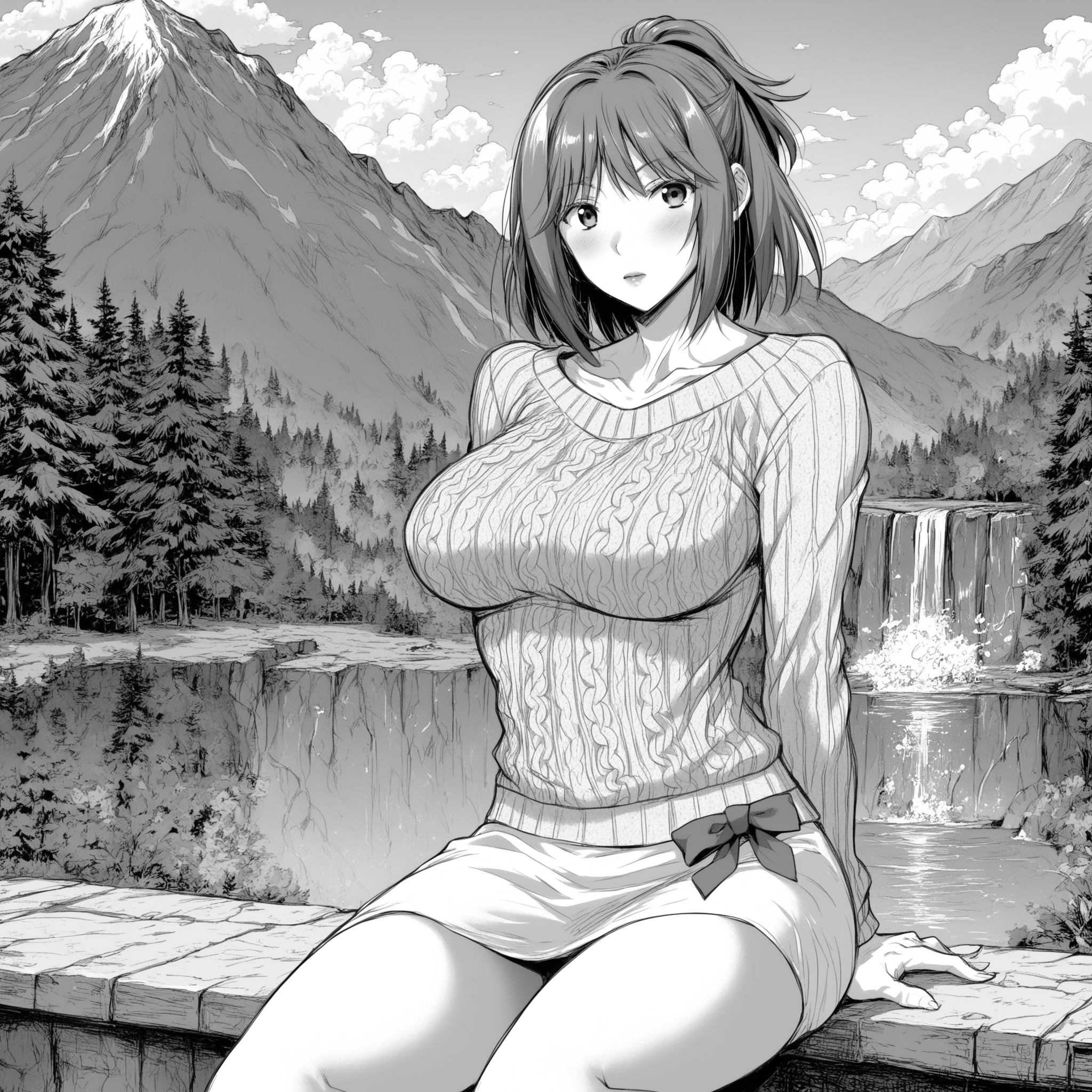 score_9, score_8_up, score_7_up, score_6_up, score_5_up, score_4_up, comic, greyscale
BREAK
yuri_olis, 1girl, solo, red hair, medium hair, ponytail, purple eyes, aran sweater, white skirt, dress bow, looking at viewer, arms behind back
BREAK
nature, scenery, forest, mountain, waterfall, outdoors, blue sky, sunlight
<lora:yuri_TsumaWoDousoukaiNiIkasetara_sdxl_v1:1>