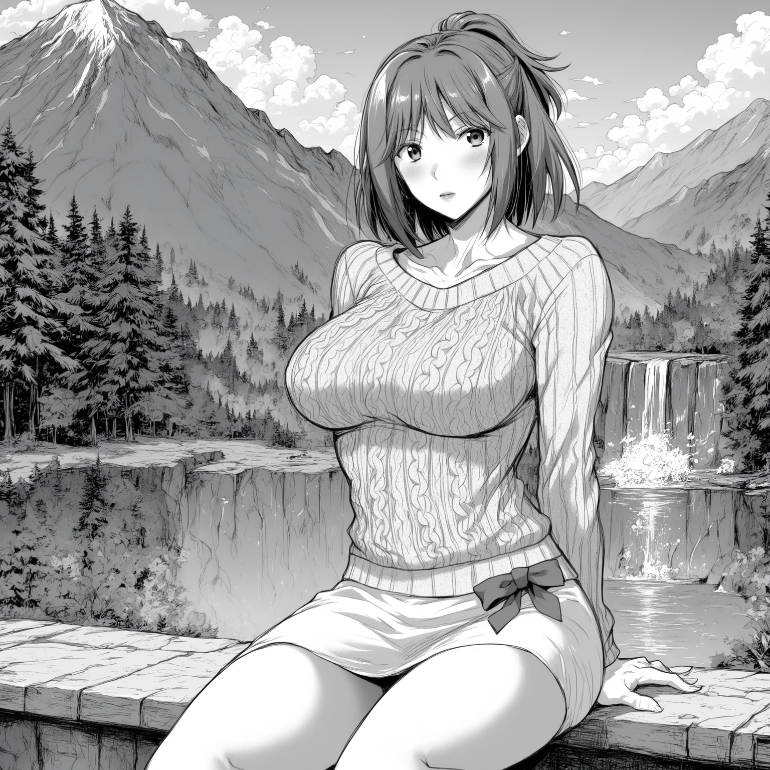 score_9, score_8_up, score_7_up, score_6_up, score_5_up, score_4_up, comic, greyscale
BREAK
yuri_olis, 1girl, solo, red hair, medium hair, ponytail, purple eyes, aran sweater, white skirt, dress bow, looking at viewer, arms behind back
BREAK
nature, scenery, forest, mountain, waterfall, outdoors, blue sky, sunlight
<lora:yuri_TsumaWoDousoukaiNiIkasetara_sdxl_v1:1>
