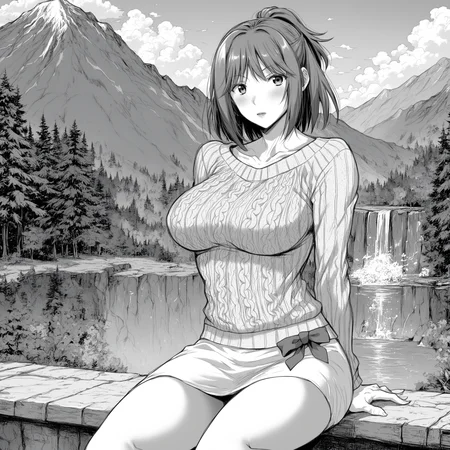 score_9, score_8_up, score_7_up, score_6_up, score_5_up, score_4_up, comic, greyscale
BREAK
yuri_olis, 1girl, solo, red hair, medium hair, ponytail, purple eyes, aran sweater, white skirt, dress bow, looking at viewer, arms behind back
BREAK
nature, scenery, forest, mountain, waterfall, outdoors, blue sky, sunlight
<lora:yuri_TsumaWoDousoukaiNiIkasetara_sdxl_v1:1>