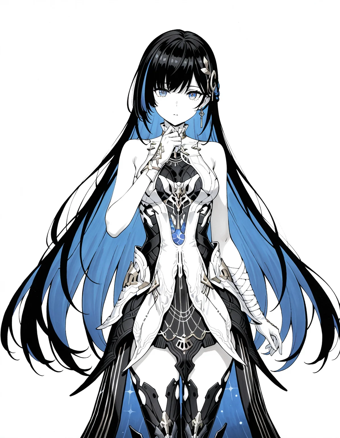 masterpiece,best quality,amazing quality,very aesthetic,high resolution,ultra detailed,perfect details,
1girl,<lora:mai_pgr_selena_xs:0.7>,mai_pgr_selena_xs,bandaged_arm,bandages,bare_shoulders,black_dress,black_hair,blue_eyes,blue_hair,boots,colored_inner_hair,gloves,high_heels,jewelry,long_hair,multicolored_hair,solo,streaked_hair,very_long_hair,white_dress,white_gloves,
simple background,white background,looking at viewer,cowboy shot,<lora:mai_Ink_style:1>,traditional media,partially colored,negative space,simple background,limited palette,greyscale,