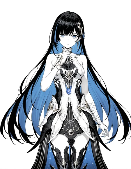 masterpiece,best quality,amazing quality,very aesthetic,high resolution,ultra detailed,perfect details,
1girl,<lora:mai_pgr_selena_xs:0.7>,mai_pgr_selena_xs,bandaged_arm,bandages,bare_shoulders,black_dress,black_hair,blue_eyes,blue_hair,boots,colored_inner_hair,gloves,high_heels,jewelry,long_hair,multicolored_hair,solo,streaked_hair,very_long_hair,white_dress,white_gloves,
simple background,white background,looking at viewer,cowboy shot,<lora:mai_Ink_style:1>,traditional media,partially colored,negative space,simple background,limited palette,greyscale,
