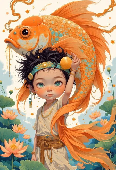 A beautiful little boy in a bellyband holds a giant goldfish decorated with intricate scales and patterns. Lotus flowers and stylized waves in the background