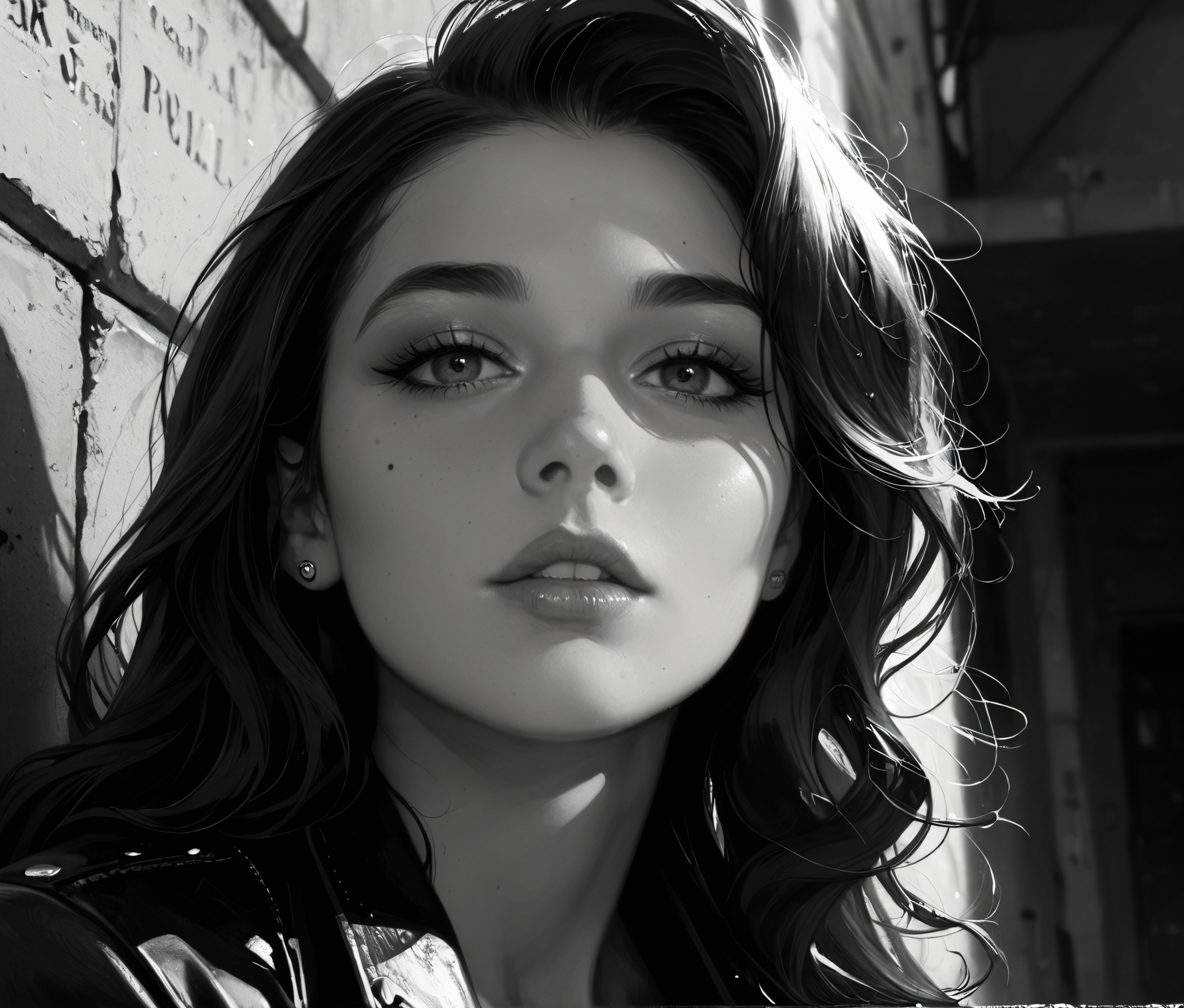 Expressiveh,score_9, score_8_up, score_7_up, realistic, Dramatic angle, medium close up, A moody black and white portrait of a beautiful young woman with a ((square face , round jaw, high cheek bones)) , parted lips, mascara, sitting on a concrete ledge in an urban setting, surrounded by weathered stone walls and rough textures. She wears a black leather jacket and a short skirt, with glossy black high heels. Her pose is introspective and edgy, as she gazes directly into the camera with a bold, intense expression. Her long wavy hair falls naturally across her face, adding to the raw, emotional atmosphere. The environment has a grunge aesthetic, with natural shadows, high contrast lighting, and a timeless cinematic quality. Shot with a shallow depth of field, editorial fashion photography style, high-resolution details in fabric and skin texture, (black and white:1.7), urban grunge, edgy fashion, emotional portrait, natural pose, film noir vibe, leather aesthetic, minimalist background.<lora:Expressive_H:0.9> <lora:add-detail-xl:1.5><lora:dark:0.3>
