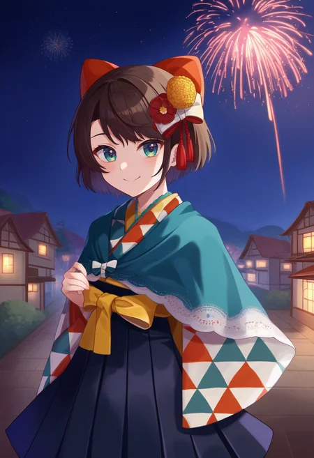 score_9, score_6_up, source_anime, 1girl, solo, cowboy shot, town, night, fireworks, subaru_newyears, print kimono, blue hakama, blue capelet, hair bow, red bow, hair flower, light smile <lora:shubashubaXL-05:1>