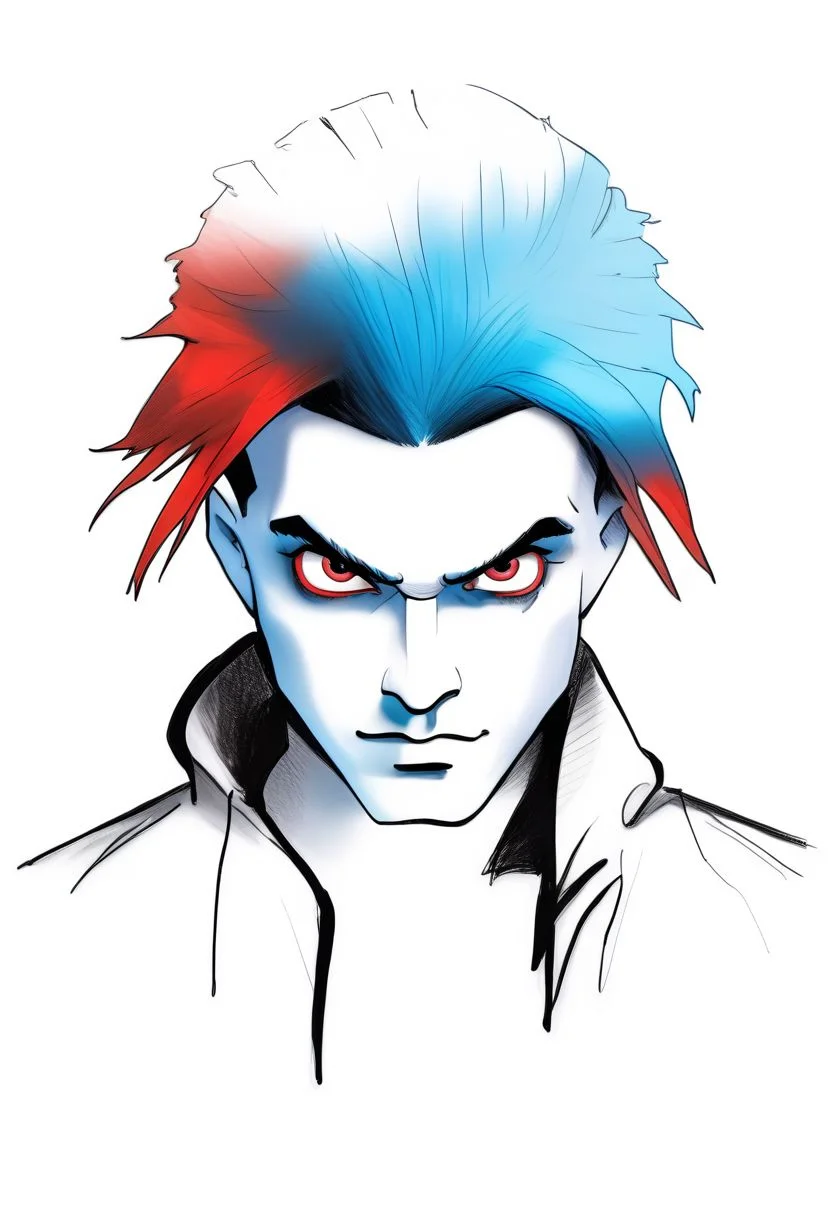 Duskfallcrew Art Style, solo, blue eyes, shirt, 1boy, white background, blue hair, jacket, male focus, open clothes, pants, hood, hair over one eye, red jacket, grimace, frustrated look, score_9_up, score_8_up, score_7_up, score_6_up, source_cartoon ,