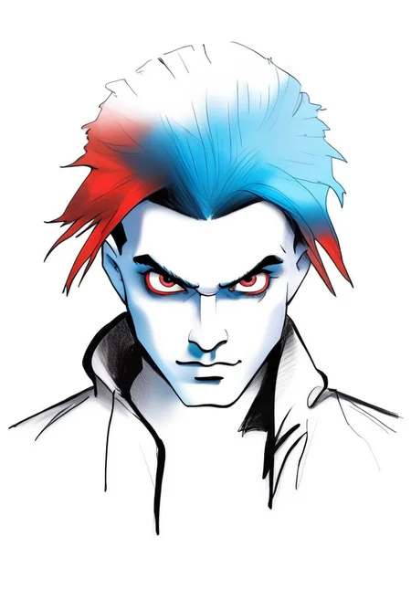 Duskfallcrew Art Style, solo, blue eyes, shirt, 1boy, white background, blue hair, jacket, male focus, open clothes, pants, hood, hair over one eye, red jacket, grimace, frustrated look, score_9_up, score_8_up, score_7_up, score_6_up, source_cartoon ,
