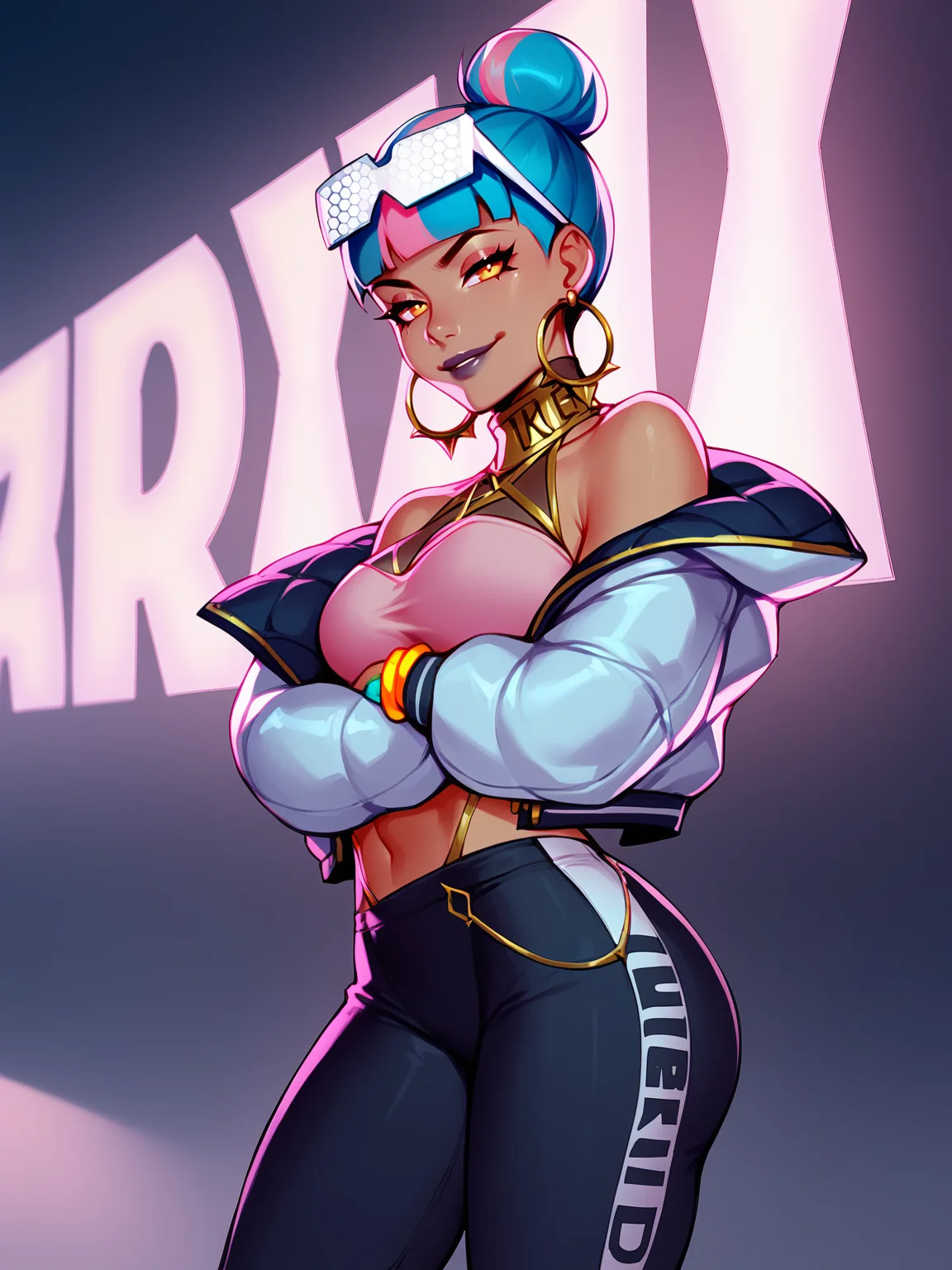 score_9, score_8_up, score_7_up, BREAK, Qiyana True Damage, 1girl, solo, single hair bun, blue and pink hair, glasses, multicolored hair, golden collar, halterneck, pink bra, bare shoulders, white jacket, black leggings, jewelry, blue boots, staying, crossed arms under breast, smirk, neon lights, syntvawe, sci-fi city background, night, <lora:QiyanaTD:1>