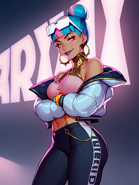 score_9, score_8_up, score_7_up, BREAK, Qiyana True Damage, 1girl, solo, single hair bun, blue and pink hair, glasses, multicolored hair, golden collar, halterneck, pink bra, bare shoulders, white jacket, black leggings, jewelry, blue boots, staying, crossed arms under breast, smirk, neon lights, syntvawe, sci-fi city background, night, <lora:QiyanaTD:1>