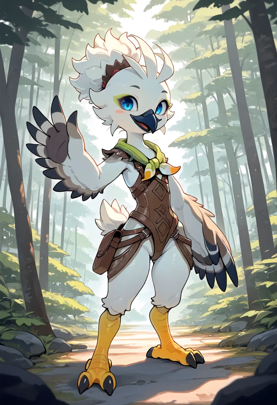 masterpiece, best quality, amazing quality, very aesthetic, absurdres, newest, scenery, volumetric lighting, perfect eyes, ultra detailed,
1boy, Tulin, furry, avian furry, white feathers, feathers, blue eyes, black beak, hair bun, yellow talons, black claws, winged hands, small tail, tiny, cute,
green scarf, leather strap,
standing, looking at viewer, beak smile, waving, happy, open mouth,
outdoors, forest, trees, rocks, beautiful frame, detailed background,
<lora:Tulin_-_The_Legend_Of_Zelda_Tiers_Of_The_Kingdom_TLOZ_TOTK_-_Illustrious:1>
masterpiece, best quality, amazing quality, very aesthetic, absurdres, newest, scenery, volumetric lighting, perfect eyes, ultra detailed,