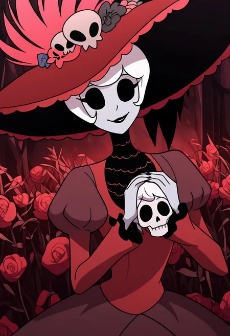 masterpiece, best quality, newest, absurdres, highres, HHp4ck-Style-V1.0, official style, 1girl, HHOVP-ROS-V1.0, hat, white hair, red dress, black lips, black eyes, colored skin, white colored skin, frilled hat, frilled sleeves, frills, hat feather, hat ornament, pufy sleeves, empty eyes, hat flower, red headwear, skull,