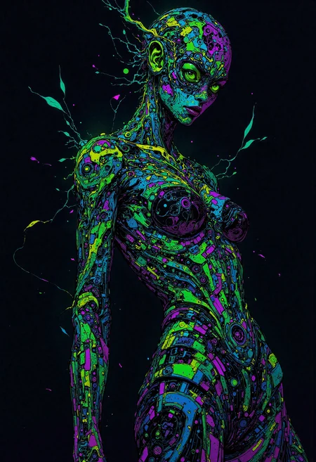refined details, high resolution, eye-level shot, A data sorceress, her body a living interface. Intricate, glowing circuit patterns and abstract data streams flow across her skin like tattoos, most densely concentrated on her arms and back, but also subtly tracing the contours of her intelligent, captivating face. She wears a minimalist, dark, form-fitting garment that allows the glowing patterns to be the main feature, the neckline designed to showcase the data streams on her décolletage. Style is Abstract Tech-Mysticism, dark backgrounds with vibrant, glowing data patterns (blues, greens, purples), focus on intricate linework and light emission., <lora:FLUX\Anime v1.3:0.6> <lora:FLUX\VividlySurrealOrigin:0.5> <lora:FLUX\FLUX-daubrez-DB4RZ:0.2> <lora:FLUX\Emberveil digital painting:0.6>