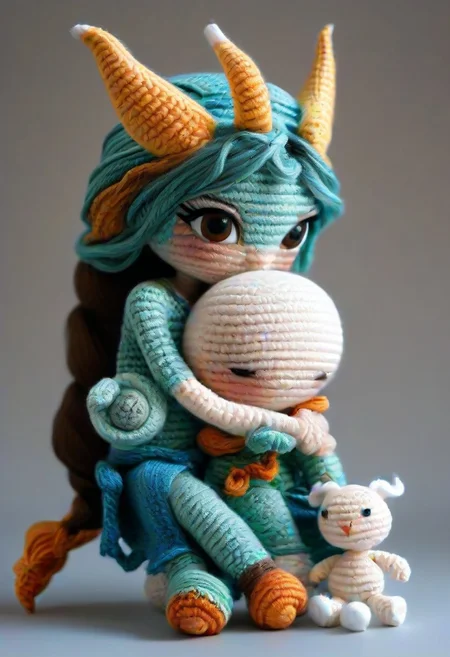 Soraka hugging baby Draven, by saint exupery, crocheted style