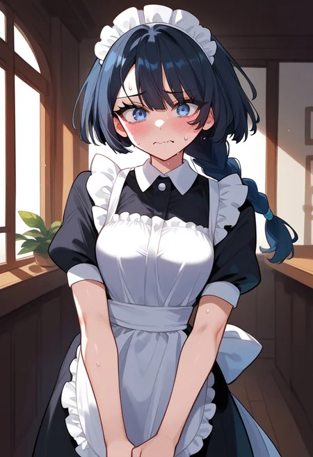 zPDXL3, score_9_up, score_8_up, score_7_up, (Anime_source), 1girl, Sayo, blue eyes, black hair, long hair, single braid, maid clothes, standing, looking at viewer, embarassed, blush, sweat drops, nervous, wavy mouth