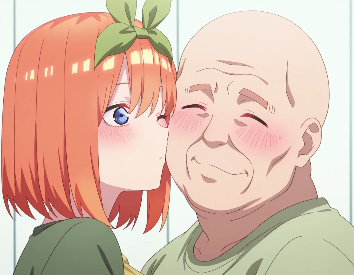 masterpiece, best quality, amazing quality,, <lora:yotsuba-nakano-s2-illustriousxl-lora-nochekaiser:1>, yotsuba nakano, bangs, short hair, blue eyes, hair between eyes, hair ribbon, hairband, orange hair, green ribbon, large breasts, anime screencap, <lora:kissing-cheek-illustriousxl-lora-nochekaiser:1>, kissing cheek, closed eyes, hetero, couple, kiss, one eye closed, blush, straight-on,, <lora:faceless-ugly-man-illustriousxl-lora-nochekaiser:1>, faceless ugly man, faceless, ugly man, fat, faceless male, fat, bald, mature male,,