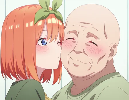 masterpiece, best quality, amazing quality,, <lora:yotsuba-nakano-s2-illustriousxl-lora-nochekaiser:1>, yotsuba nakano, bangs, short hair, blue eyes, hair between eyes, hair ribbon, hairband, orange hair, green ribbon, large breasts, anime screencap, <lora:kissing-cheek-illustriousxl-lora-nochekaiser:1>, kissing cheek, closed eyes, hetero, couple, kiss, one eye closed, blush, straight-on,, <lora:faceless-ugly-man-illustriousxl-lora-nochekaiser:1>, faceless ugly man, faceless, ugly man, fat, faceless male, fat, bald, mature male,,