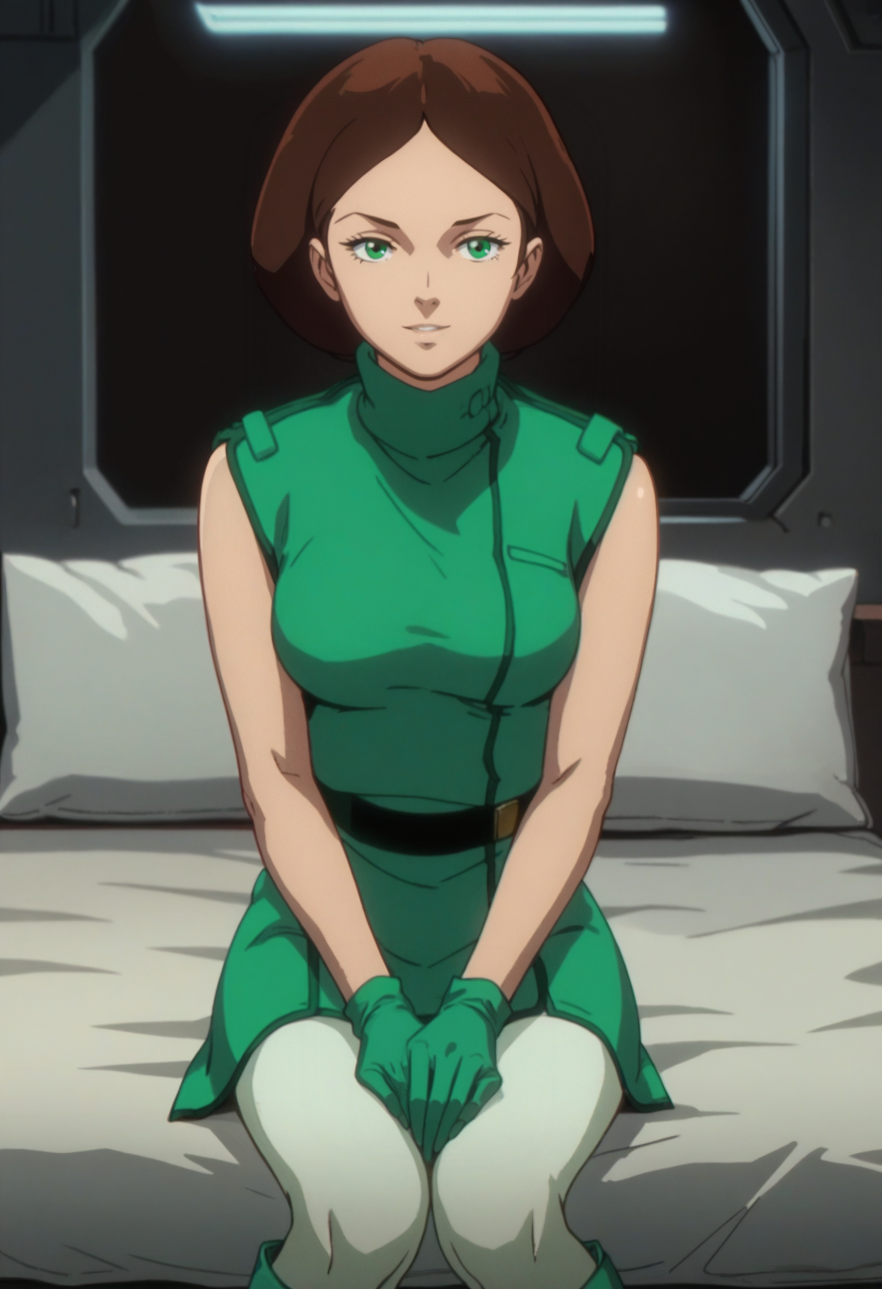 score_9, score_8_up, score_7_up, score_6_up, anime screencap, anime coloring, <lora:EmmaSheen_epoch_10:0.7>, EmmaSheen, brown hair, short hair, green eyes, medium breasts,
green uniform, turtleneck, sleeveless, green gloves, green belt, white leggings, green boots,
sitting, looking at viewer, v arms, seductive smile, cowboy shot, 
BREAK, indoors, spacecraft, dark background, black background, dim lighting, bed,