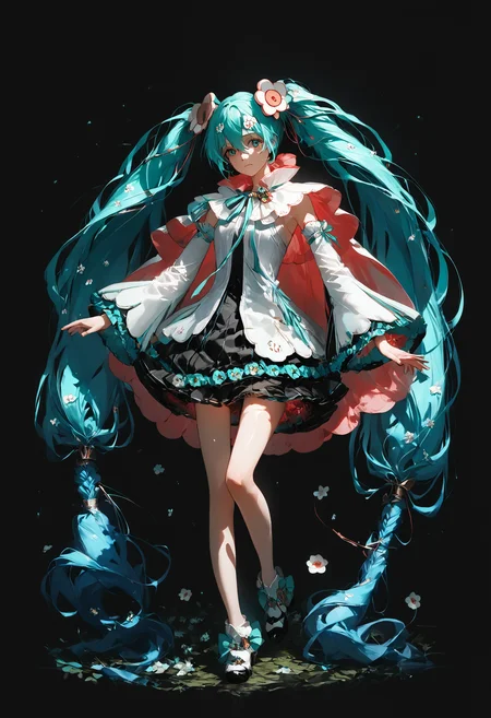 score_9,score_8_up,score_7_up,,source_anime BREAK, 1girl, solo,, MHM21, hatsune miku, hair ornament, flower, twintails, magical mirai miku, long hair, detached sleeves, aqua hair, very long hair, wide sleeves, medallion, white sleeves, aqua ribbon, aqua eyes, cape, hair between eyes s1_dram, dark room dark theme, low light, concept art, realistic, full body<lora:ãã¸ã«ã«ãã©ã¤2021:1>,<lora:S1_Dramatic_Lighting_v2:0.8>,<lora:Concept Art DarkSide Style LoRA_Pony XL v6:0.7>