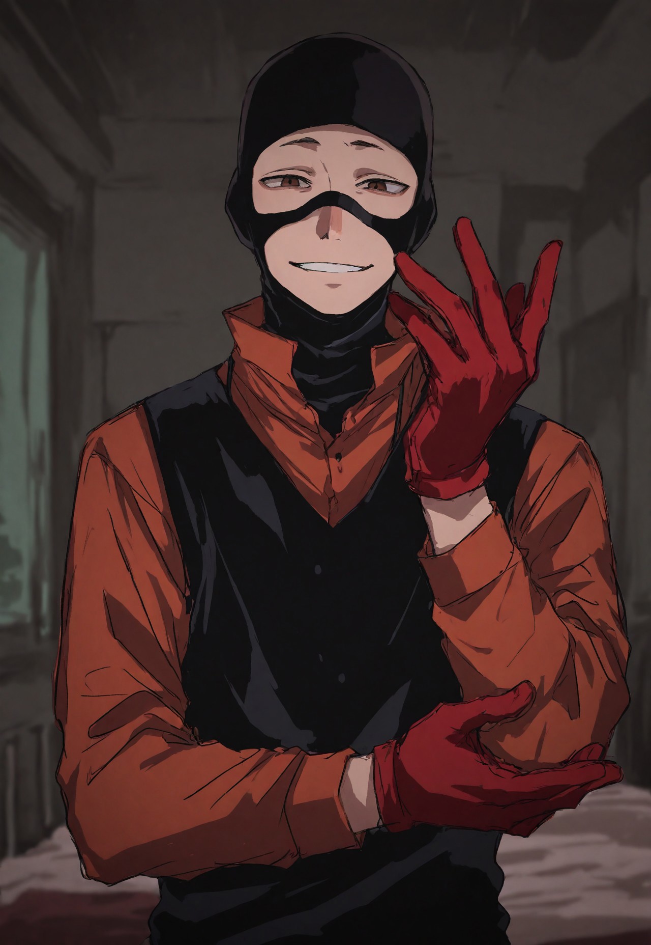 Smooth_Quality, masterpiece, best quality, amazing quality, very aesthetic, absurdres, newest, detailed background, 3ompress, 1boy, solo, balaclava, brown eyes, smile, shirt, red gloves, upper body, bedroom