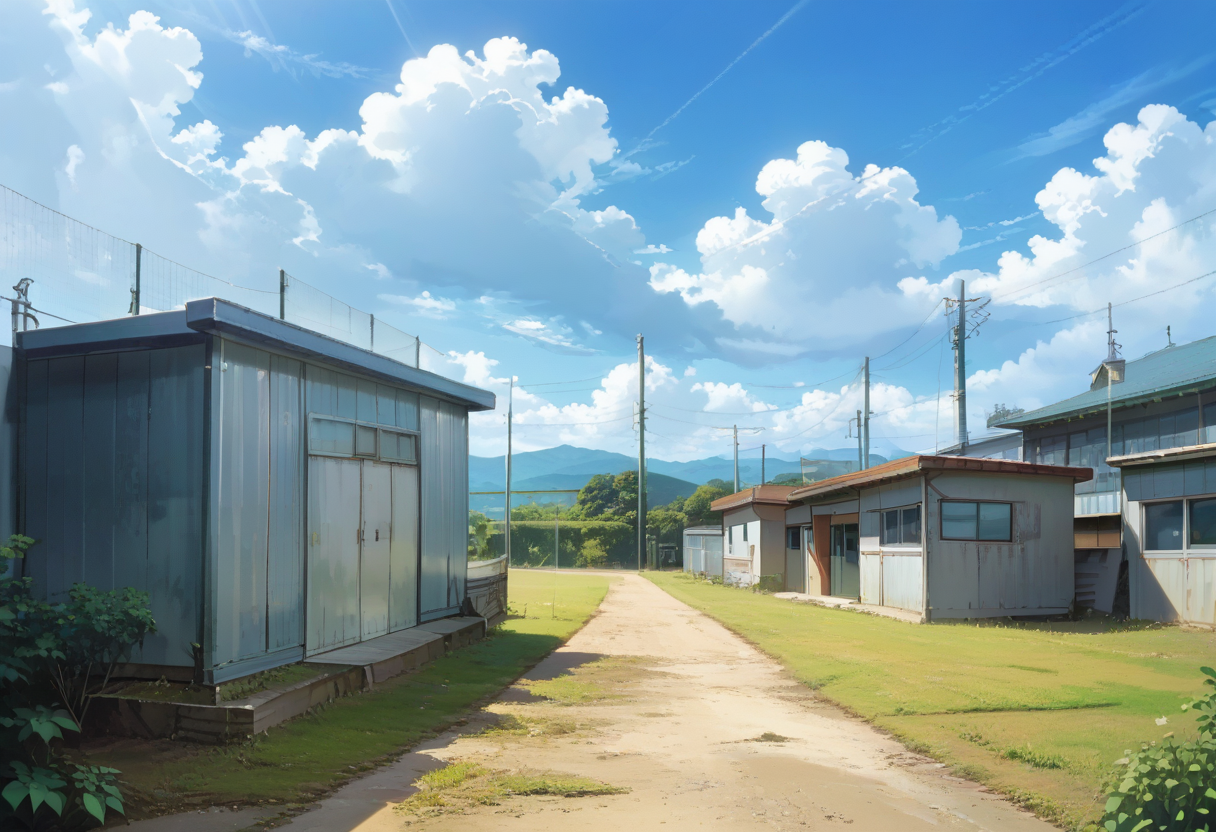 score_9, score_8_up, score_7_up, rating_safe, masterpiece, best quality, absurdres, unity 8k wallpaper, official art, official style, source_anime, uncensored, game cg, megami magazine,
taikusouko, scenery, cloud, sky, building, fence, day, exterior, outdoors, blue sky, summer, cloud, sunlight, 
 <lora:gakkou_taiikusouko_PONY_V1:1>