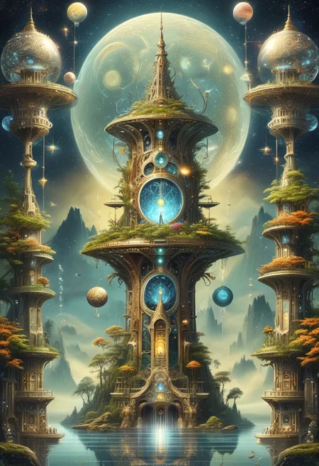 an intricate tower, biomorphic mythical serpent wrapped around tower, (negative space, layer, sigils). orbs and moons, holographic astral keys, tetrahedral trees, (three planes), stack, flower tiles, OverallDetail, DonMX3n0T3chXL