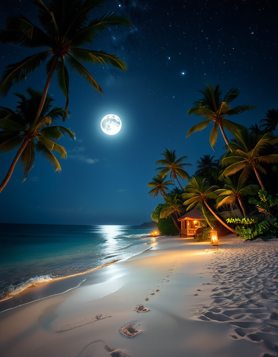 A breathtaking tropical beach at night, illuminated by the soft glow of the moon and twinkling stars. The ocean waves gently lap against the shore, reflecting silver moonlight. Tall palm trees sway slightly in the warm night breeze, their silhouettes contrasting against the deep blue sky. The sand appears smooth and slightly damp, glowing under the moonlight. In the background, distant islands are faintly visible on the horizon, their outlines softened by a light mist. The sky is filled with a mesmerizing display of stars, with the Milky Way faintly visible. The atmosphere is tranquil and serene, evoking a sense of peace and wonder. The image has a high level of detail, realistic textures, and a dreamy cinematic quality.
<lora:SDXLFaeTastic2400:0.4> <lora:extremely_detailed:0.4> extremely detailed,  <lora:tropical_beach_4t_n1ght:1>,tropical beach 4t n1ght, Masterpiece,best quality,hi res,8k,hi res,8k,award winning,(sharp focus, intricate, highly detailed),
