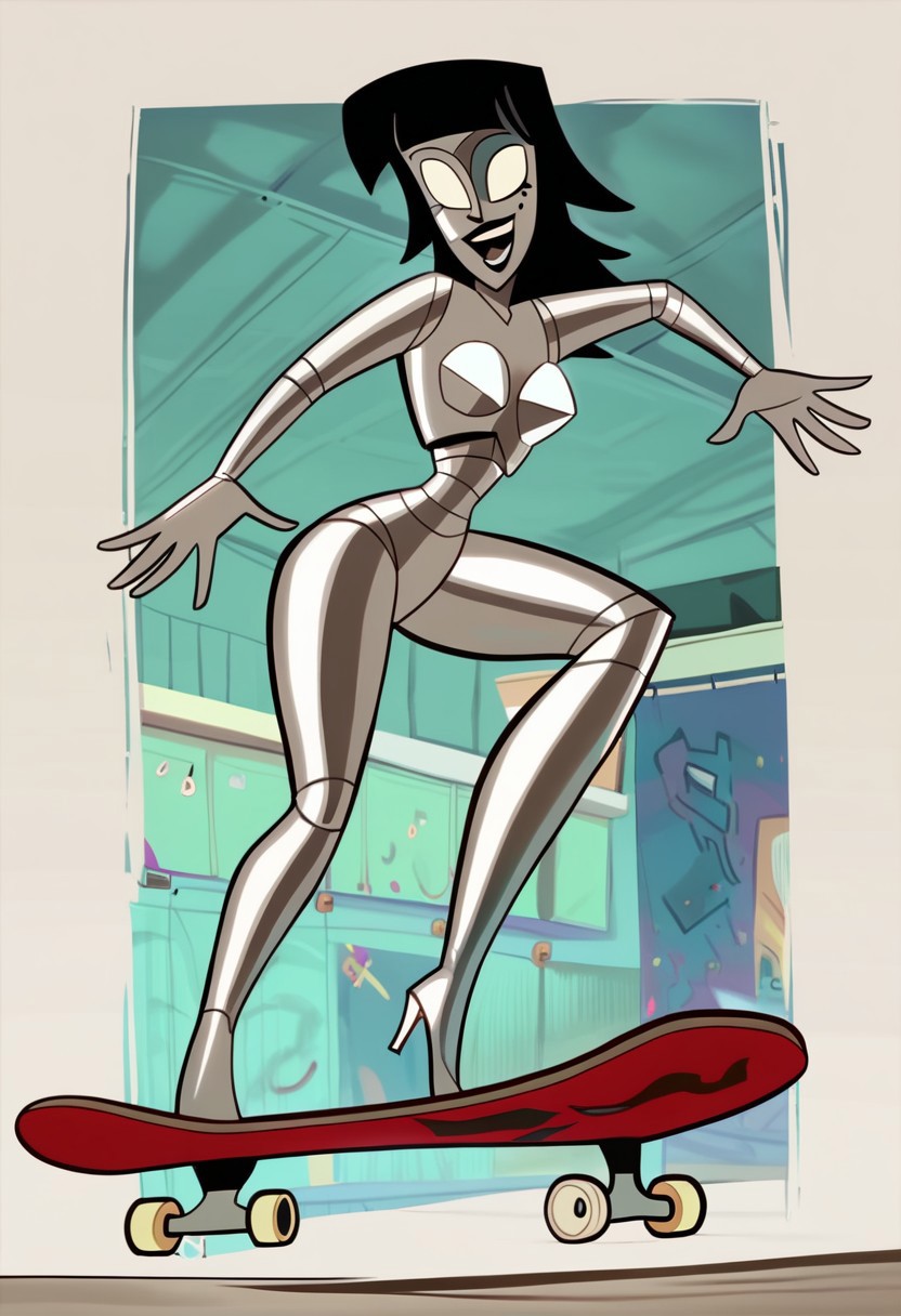 score_9, score_8_up, score_7_up BREAK LaylaBot, 1girl, black bobcut hair, blunt bangs, white light eyes, silver metallic body, high heels, solo, solo focus, cartoon, source_cartoon, skateboarding, full body, happy, skateboard pirouette,