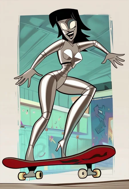 score_9, score_8_up, score_7_up BREAK LaylaBot, 1girl, black bobcut hair, blunt bangs, white light eyes, silver metallic body, high heels, solo, solo focus, cartoon, source_cartoon, skateboarding, full body, happy, skateboard pirouette,