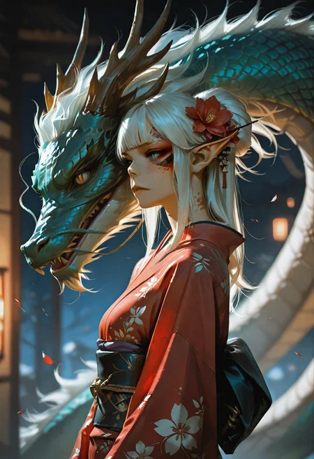 masterpiece, ultra-HD, cinematic lighting, photorealistic, impressionism (1.5), high detail, depth of field, (blurred background), (dramatic lighting),masterpiece, best quality, very aesthetic,8k, lae'zel, 1girl, gith (d&d), slit pupils, yellow eyes, facial mark , pointy ears, Dragon and girl, 1girl, dragon, japanese clothes, kimono, white hair, hair ornament, eastern dragon, blue eyes, red kimono, hair flower, hair bun, flower, sash, long sleeves, wide sleeves, obi, solo, petals, bangs, from side, floral print, single hair bun, closed mouth, sidelocks, long hair, red eyes,
masterpiece, best quality, amazing quality, usnr,