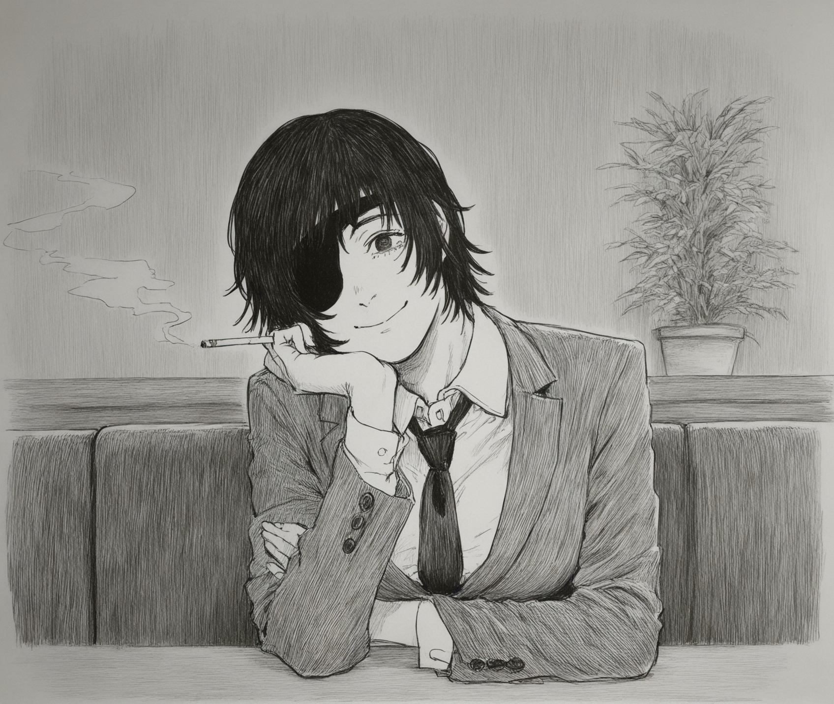 monochrome,greyscale,(traditional media:0.7),graphite \(medium\),hatching \(texture\),
himeno \(chainsaw man\),1girl,cigarette,holding cigarette,eyepatch,black hair,necktie,black necktie,solo,looking at viewer,holding,shirt,collared shirt,white shirt,smile,short hair,indoors,elbow rest,head rest,hand on own face,formal,plant,smoking,potted plant,sitting,suit,long sleeves,closed mouth,table,restaurant,hand on own cheek,breasts,head tilt,
<lora:lookback-noob10-v2:0.8>,, <lora:RainEnhencer_ILL_PAseer-V1:1>