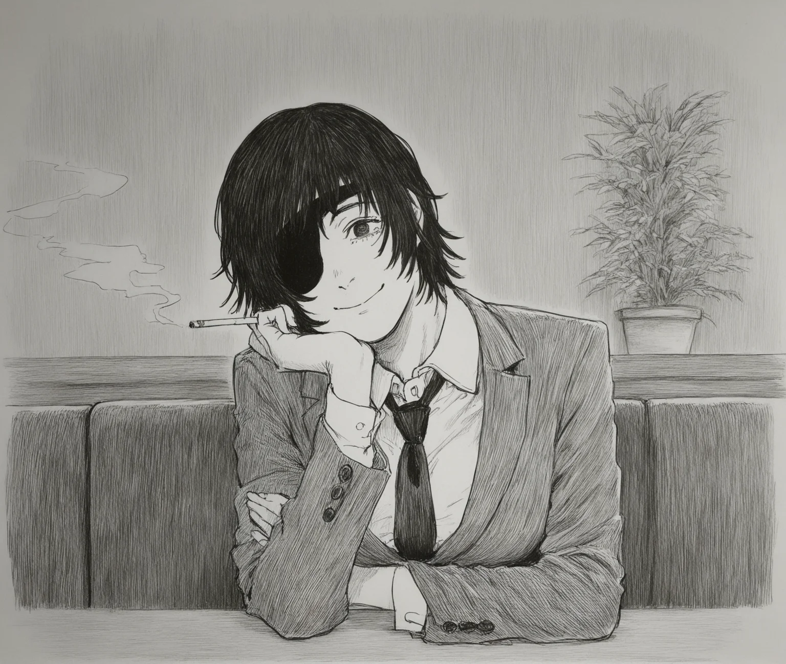 monochrome,greyscale,(traditional media:0.7),graphite \(medium\),hatching \(texture\),
himeno \(chainsaw man\),1girl,cigarette,holding cigarette,eyepatch,black hair,necktie,black necktie,solo,looking at viewer,holding,shirt,collared shirt,white shirt,smile,short hair,indoors,elbow rest,head rest,hand on own face,formal,plant,smoking,potted plant,sitting,suit,long sleeves,closed mouth,table,restaurant,hand on own cheek,breasts,head tilt,
<lora:lookback-noob10-v2:0.8>,, <lora:RainEnhencer_ILL_PAseer-V1:1>