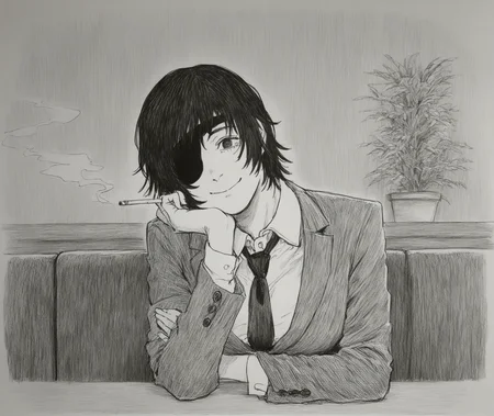 monochrome,greyscale,(traditional media:0.7),graphite \(medium\),hatching \(texture\),
himeno \(chainsaw man\),1girl,cigarette,holding cigarette,eyepatch,black hair,necktie,black necktie,solo,looking at viewer,holding,shirt,collared shirt,white shirt,smile,short hair,indoors,elbow rest,head rest,hand on own face,formal,plant,smoking,potted plant,sitting,suit,long sleeves,closed mouth,table,restaurant,hand on own cheek,breasts,head tilt,
<lora:lookback-noob10-v2:0.8>,, <lora:RainEnhencer_ILL_PAseer-V1:1>