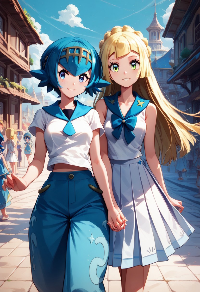 score_9, score_8_up, score_8, medium breasts, (curvy), cute, eyelashes,    
LllLn, 2girls,  zzLana, yellow hairpiece, blue hair, white shirt, sleeveless shirt,  sailor collar, blue pants, baggy pants, zzlillie, long hair, French braid, white shirt, short sleeves, white skirt, pleated skirt,  
smile, 
walking, looking at each other, holding hands, talking, highly detailed, intricate, zzCitronLegacy, village, crowd, cowboy shot,   
zPDXL, Expressiveh,