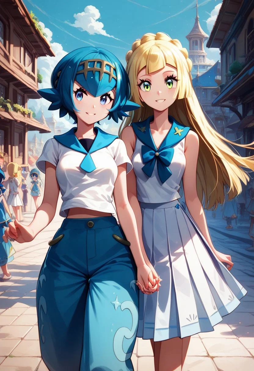 score_9, score_8_up, score_8, medium breasts, (curvy), cute, eyelashes,
LllLn, 2girls, zzLana, yellow hairpiece, blue hair, white shirt, sleeveless shirt, sailor collar, blue pants, baggy pants, zzlillie, long hair, French braid, white shirt, short sleeves, white skirt, pleated skirt,
smile,
walking, looking at each other, holding hands, talking, highly detailed, intricate, zzCitronLegacy, village, crowd, cowboy shot,
zPDXL, Expressiveh,