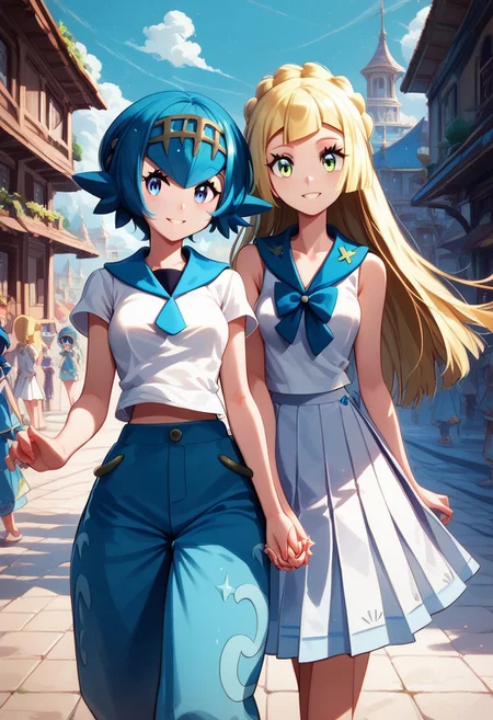 score_9, score_8_up, score_8, medium breasts, (curvy), cute, eyelashes,
LllLn, 2girls, zzLana, yellow hairpiece, blue hair, white shirt, sleeveless shirt, sailor collar, blue pants, baggy pants, zzlillie, long hair, French braid, white shirt, short sleeves, white skirt, pleated skirt,
smile,
walking, looking at each other, holding hands, talking, highly detailed, intricate, zzCitronLegacy, village, crowd, cowboy shot,
zPDXL, Expressiveh,