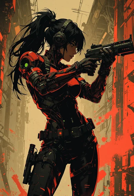 in the style of ck-mgs, nistyle, Inkplash art on rice paper, sepia, henna, Silhouette Art, magnificent, inksplash, closeup portrait, female bounty hunter, flowing black hair, reflective black and neon red armor, futuristic armor, aiming a rifle, futuristic rifle, holstered pistol, abstract background suggesting hallways of a futuristic spaceship, broken pannels and wires hanging off of the walls, eerie atmosphere, Cowboy Shot, close up,