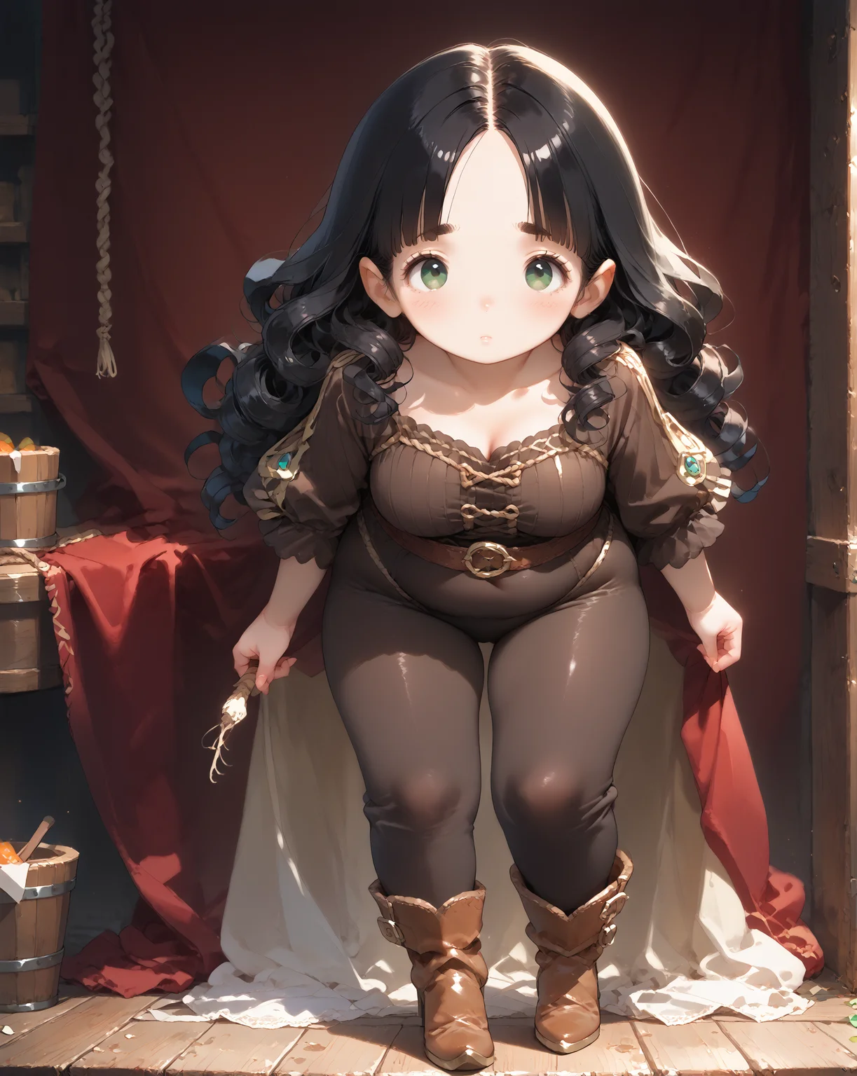 score_9, score_8_up, score_7_up, score_6_up, source_anime, rating_safe, ah1, 1girl, (curly hair), long hair, (black hair), mature female, (parted hair:1.7), (round face), (no_bangs:1.3), (no_fringe:1.6), looking at viewer, (thick eyebrows), (curvy), round-chin, (greenish hazel eyes), caucasian, (downturned eyes), <lora:ETO_OCPonyXL:0.5> eto_oc, skindentation, plump, thick thighs, wide hips, busty, voluptuous, kinky curls, lips, bad-hands-5, (fisher's apprentice, a person with a net and a small bucket of fish), (Olive long black bodysuit with intricate red details, high-heeled boots, and her signature glasses Include her four pistols attached to her heels for the full effect), (in Pirate Ship Captain's Quarters with Sea Chests and Nautical Decor), ((shy expression)), <lora:venus body PonyXL:0.8>, <lora:xl_more_art-full_v1:0.4>, <lora:shinyskin2:0.3> glistening skin, <lora:aesthetic_anime_v1s:0.4>, <lora:Expressive_H:0.4> Expressiveh, <lora:hairdetailpxl:0.4> hairdetailpxl, <lora:EpicF4nta5yXL:0.4>, <lora:detailxl:0.4> detailxl, <lora:Fant5yP0ny:0.4>, best quality, amazing quality, best aesthetic, absurdres, <lora:expressive eyes:0.4> expressive eyes, (Aerial View distance shot), <lora:eyedetailpxl:0.4> eyedetailpxl,