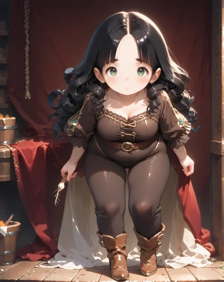score_9, score_8_up, score_7_up, score_6_up, source_anime, rating_safe, ah1, 1girl, (curly hair), long hair, (black hair), mature female, (parted hair:1.7), (round face), (no_bangs:1.3), (no_fringe:1.6), looking at viewer, (thick eyebrows), (curvy), round-chin, (greenish hazel eyes), caucasian, (downturned eyes), <lora:ETO_OCPonyXL:0.5> eto_oc, skindentation, plump, thick thighs, wide hips, busty, voluptuous, kinky curls, lips, bad-hands-5, (fisher's apprentice, a person with a net and a small bucket of fish), (Olive long black bodysuit with intricate red details, high-heeled boots, and her signature glasses Include her four pistols attached to her heels for the full effect), (in Pirate Ship Captain's Quarters with Sea Chests and Nautical Decor), ((shy expression)), <lora:venus body PonyXL:0.8>, <lora:xl_more_art-full_v1:0.4>, <lora:shinyskin2:0.3> glistening skin, <lora:aesthetic_anime_v1s:0.4>, <lora:Expressive_H:0.4> Expressiveh, <lora:hairdetailpxl:0.4> hairdetailpxl, <lora:EpicF4nta5yXL:0.4>, <lora:detailxl:0.4> detailxl, <lora:Fant5yP0ny:0.4>, best quality, amazing quality, best aesthetic, absurdres, <lora:expressive eyes:0.4> expressive eyes, (Aerial View distance shot), <lora:eyedetailpxl:0.4> eyedetailpxl,