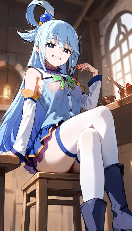 score_9, score_8_up, score_7_up, source_anime,
1girl, (aqua \(konosuba\)), kono subarashii sekai ni shukufuku wo!, (sitting, crossed legs), (thigh boots), from below, miniskirt,looking at viewer, proud expression, grin, <lora:Expressive_H-000001:0.5>, masterpiece,best quality, absurdres, incredibly absurdres, very aesthetic, aesthetic, artist: dino \(dinoartforame\), concept art, realistic, blue hair, long hair, (dino \(dinoartforame\):2), <lora:add-detail-xl:0.6>, <lora:DInoballXLlokr8f:0.69>, pastel colors,  contemporary, 8k, hd, intricate, smooth, (elegant), cinematic, volumetric lighting, high detail, beautiful, hyper detailed, cleavage, colored inner hair, small breasts, skin tight, majestic, blue eyes, perfect eyes, <lora:PerfectEyesXL:0.8>, <lora:Difference_EdgeEmphasys:0.2>, (perky breasts), (seductive smile), indoors, detailed face, (anime, intricate:1.3), (hires textures, high detail:1.2),(incredibly detailed:1.4) , arrogant smile, smug face,  ultra-detailed, best shadow, (beautiful detailed face, beautiful detailed eyes), High contrast, high saturation, (best illumination, an extremely delicate and beautiful), blue footwear, on table, table, tavern, sleeveless, bare shoulders, detached sleeves, blue skirt, <lora:AquaXL-v1-07:0.7>, ChopioAqua, long hair, very long hair, hair ornament, hair between eyes, blue eyes, single hair ring, narrow waist, wide hips, single hair ring, outfit_1, white collar, detatched collar, bare shoulders, green bowtie, blue gem, blue shirt, detatched sleeves, white sleeves, blue skirt, miniskirt, see-through, layered skirt, thighhighs under boots, zettai ryouiki, white thighhighs, blue footwear, (unbuttoned, partially unbuttoned, unbuttoned shirt, center opening),stepped on,