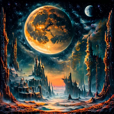 an ephemeral cage of glowing numbers entraps the full moon in the night sky