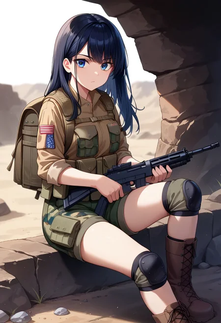 Score_9, Score_8_up, Score_7_up, source_anime, ratting_safe, best hand, good hand,
1woman, blue eyes, black hair, long hair, side bangs,
brown soldier helmet, pistol, cargo vest, (((American soldier))), backpack, bag, knee pads, m4 carbine, disciplinary trigger, boots, camouflage, m4 carbine rifle.
in the desert, sitting on a rock, volumetric lighting
