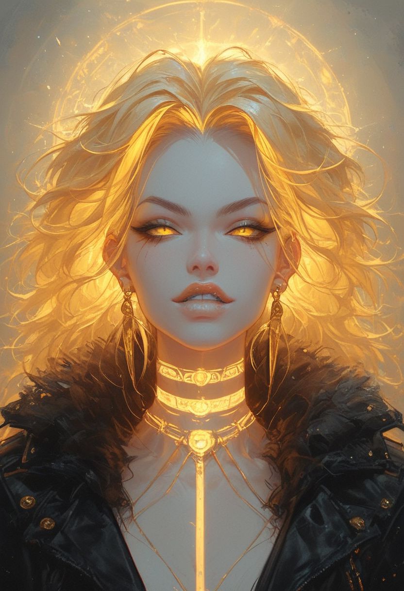 score_9, score_8_up,1 girl, Athletic body,hourglass body,golden long glowing neon hair,yellow eyes,white lipstick,dark eyeshadows and eyeliner,wearing a yellow coat ,a golden neon choker,black neon earrings,ear piercing,biting her own lips,seductive,laying on a bed in a luxurious Appartement