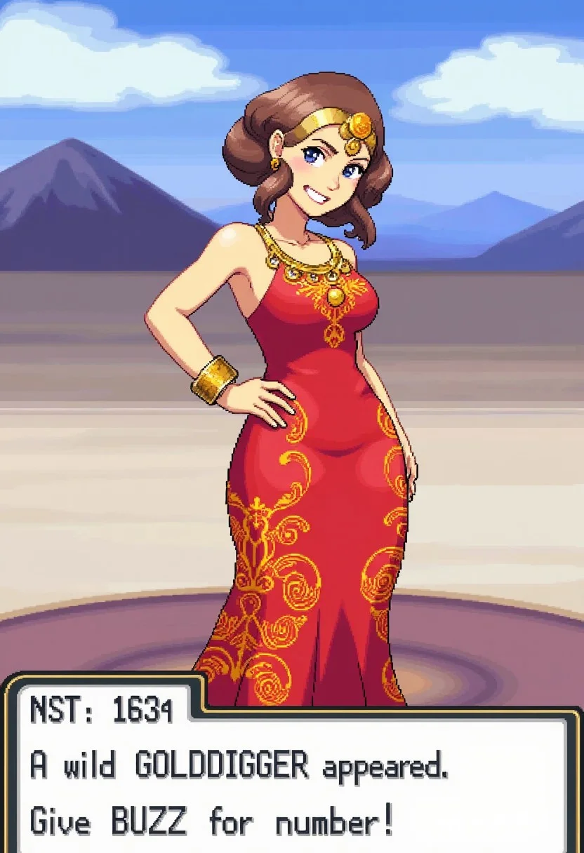 game style pixelated image depicts a pokemon battle scene with a woman in long red dress with intricate designer pattern. She is facing the viewer smirking in a smug way. Her hand is on her hip. She is wearing a large golden necklace, heavy golden earrings, and golden bracelet. The text box displays "A wild GOLDDIGGER appeared. Give BUZZ for number"