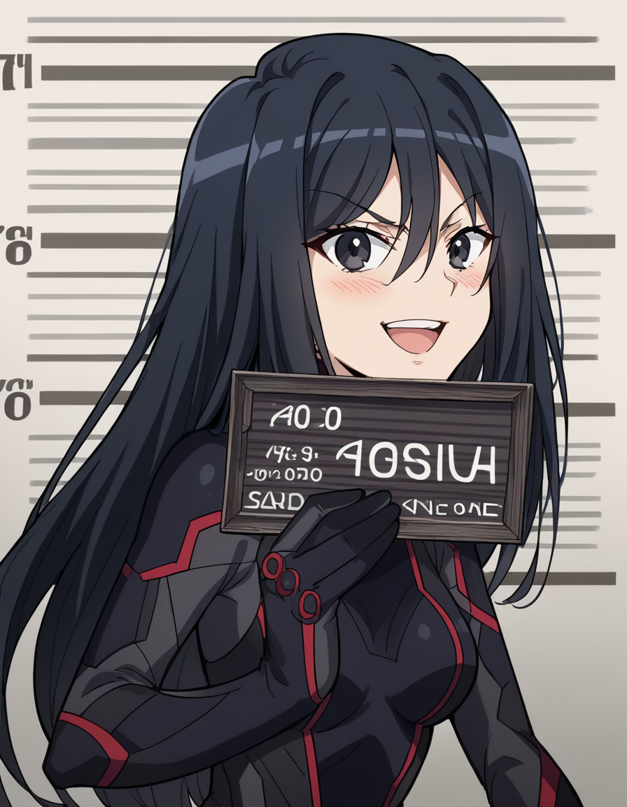 score_9, score_8_up, score_7_up, source_anime, <lora:shutaura-sequenzia-movie-ponyxl-lora-nochekaiser:1>, shutaura sequenzia, long hair, black hair, black eyes, hair between eyes, anime screencap,, bodysuit, black bodysuit, pilot suit, weapon shop, weapons, display, store, items, , <lora:ken-mugshot-ponyxl-lora-nochekaiser:1> barbie mugshot, barbie mugshot (meme) height mark, holding sign, nameplate, height chart, sign, meme, smile, open mouth, teeth, blush, cowboy shot, looking at viewer, solo,, dutch angle, cowboy shot