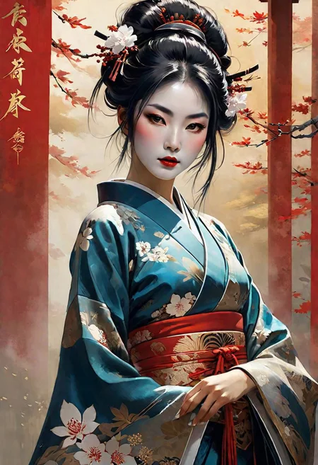 Kabuki, geisha, Bunraku girl in ornate and highly detailed images. style of Paul Kenton, Jim Mahfood, Henry Asencio,