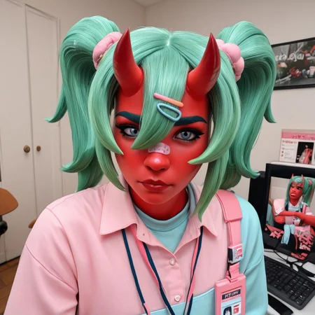 high quality, N4m14,1girl,solo,green hair,oni horns,twintails,hair ornament,hairclip,hair between eyes,blue eyes,bandaid on face,colored skin,red skin, looking at viewer, portrait, head tilt, fed up, indoors, id card photo, bored, frustrated, sexy, pastel color blouse