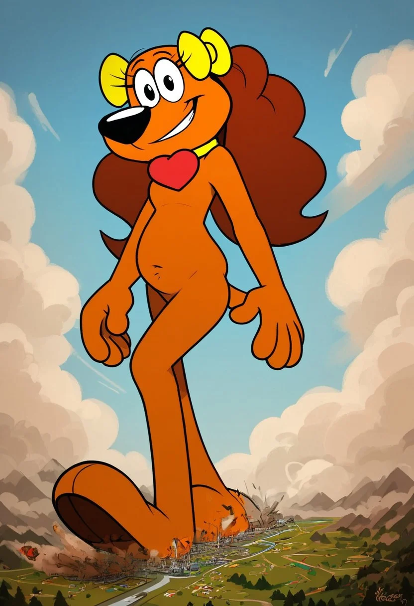score_9, score_8_up, score_7_up, score_6_up, solo focus, 1girl, larger body, (Cróquete Spaniel, Gui & Estopa), long ears, (brown orange fur)), ((anthro, anthro dog, dog body)), (black eyes), Perfect paws, 1female, (source_furry), dog girl, dog ear, Brown ears, yellow bows, yellow collar, heart tag, heart shaped tag, full body, solo, black nose, anthro, detailed fur, slightly chubby, detailed eyes, low angle view, ((macro)), ((giantess)), outdoors, ((sunshine)), ((sunny day)), ((bright light)), in the city, (shrunken city :1.3), (shrunken cityscape:1.2), micro cityscape, full detailed city, destruction, mass destruction, full body, perfect face, focus on furry, happy face, (sexy perfect face), looking at viewer, sexy, highly detailed, Expressiveh, perfect eyes, big feet, landscape, orgasm face, blue sky, daytime, standing, walking, eyelash