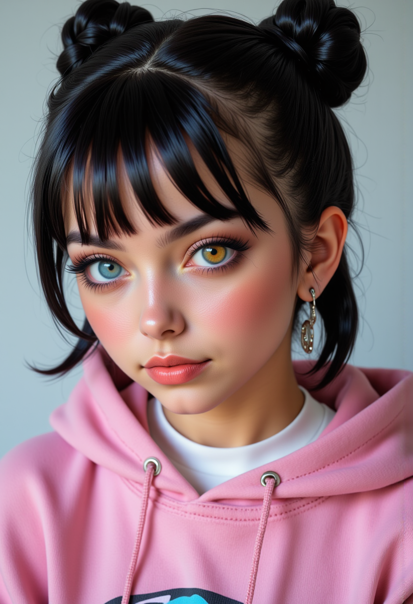She is approximately 18 years old, she is smiling, Profile headshots, dynamic angles, she is looking at the camera, multiple angles,looking at camera, photoshoot poses;  she is standing. a photo of R@in, a young woman, with black hair. her right eye is yellow, her left eye is blue, and is wearing earrings., jewelry. retro50s_style, she is wearing a pink hoodie and a white shirt, She has a slight smile on her face and is looking directly at the camera. making this image a masterpiece of photography and digital art. realistic. making this image a masterpiece of photography and digital art. Style: realistic hyper-detailed rendering, 32k UHD, expressive eyes, punk, graphic design, girl's face, pretty and cute, gleaming lips, telling a tale of adventure. Exuding confidence and serenity. The overall mood of the image is happy and relaxed,detailed skin texture,(blush:0.2),(goosebumps:0.3),subsurface scattering,whimsical,Detailed hand, Perfect hand. Perfection style.,Niji style