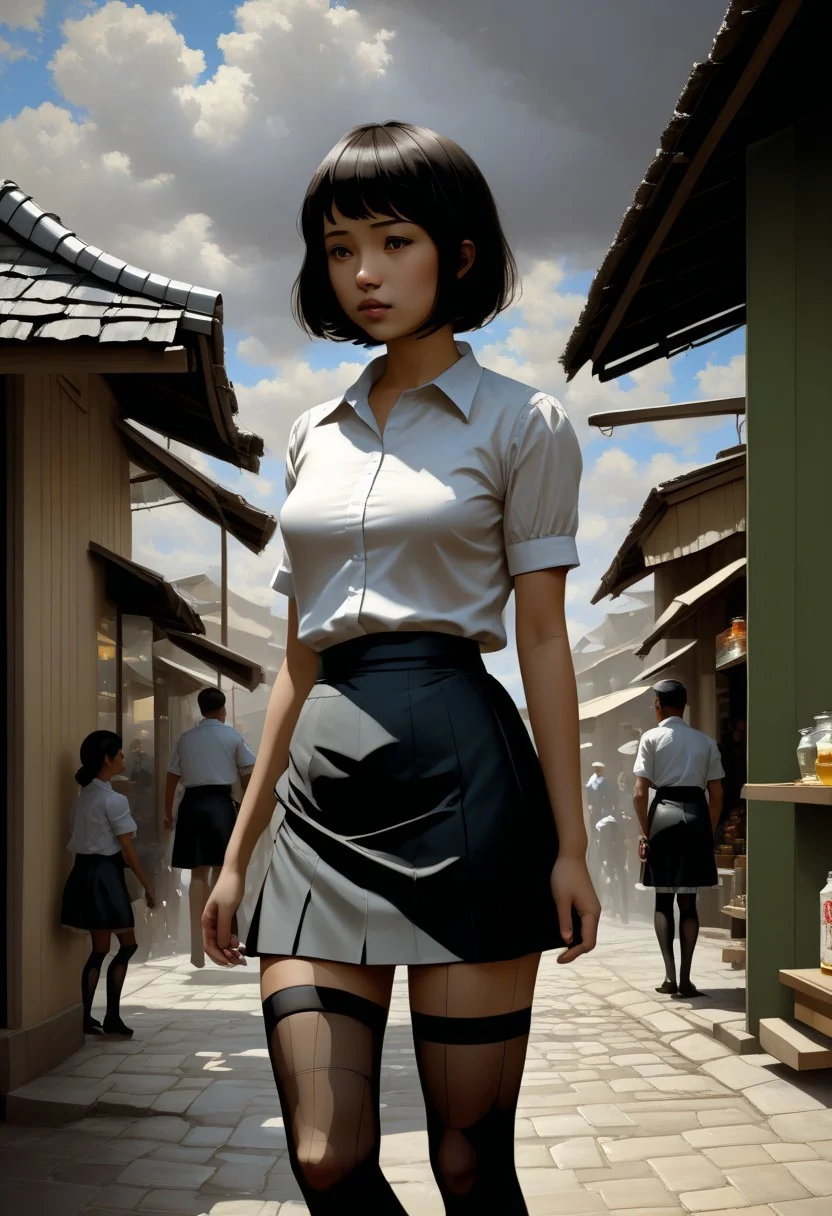 <lora:SDXL_MassiveCowsLoRA_v2E2:1> , (((classical oil painting))), ((Candid))), (((side view of short nerdy cute Japanese girl standing provocatively outside tea-shop in crowded village))), (leaning), (faded loose summer-top), (tiny skirt), ((black fishnet tights)), ((very-short hair)), ((gelasin)), (dramatic sky), puddles, pimps, soldiers, Intricate textures, (high detailed skin:1.7),