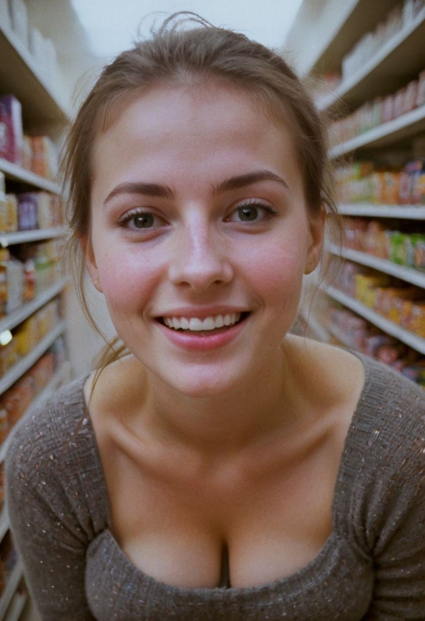 (Soft Lighting Photography by Mimoza Veliu and Mario Giacomelli:1.2), , face and cleavage closeup from above, A beautiful supermarket, a blushed smiling freckled Woman in high wooly stockings and very short skirt standing at a candy shelf on tiptoes, colorful knitted sweater, cleavage, looking up, messy hairbun, infront of the atmospheric led-adverstisment, crepuscular rays, volumetric lighting, ultra detailed, deep Blacks, very detailed, atmospheric haze, Film grain, cinematic film still, shallow depth of field, highly detailed, high budget, cinemascope, moody, epic, OverallDetail, 2000s vintage RAW photo, photorealistic, candid camera, color graded cinematic, eye catchlights, atmospheric lighting, imperfections, natural, shallow dof